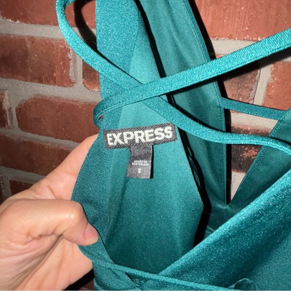 Express Emerald Green V-Neck Midi Bodycon Dress w/ Open Lace up Back Sz 2 - Picture 2 of 7